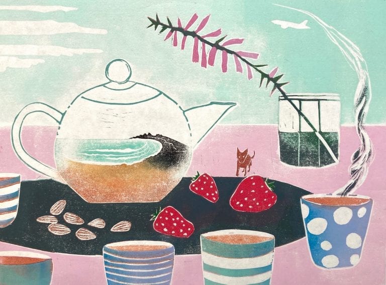 Erin Ricardo 2020 A long time between cups of tea Linocut print on paper 220x300mm 768x567